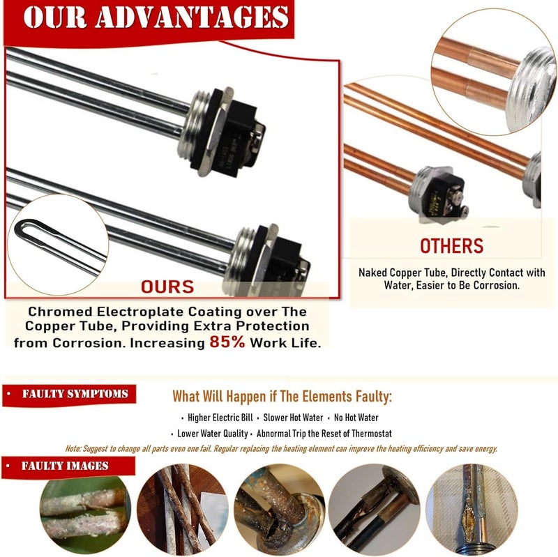 DROMIX Water Heater Element, 4500W 240V, 2PCs Pack, Screw-in Type, High Watt Density, Chrome Coated Copper, fits most models of Dual Element Eletrical Water Heaters, 2PC4500W_EWH - Image 4